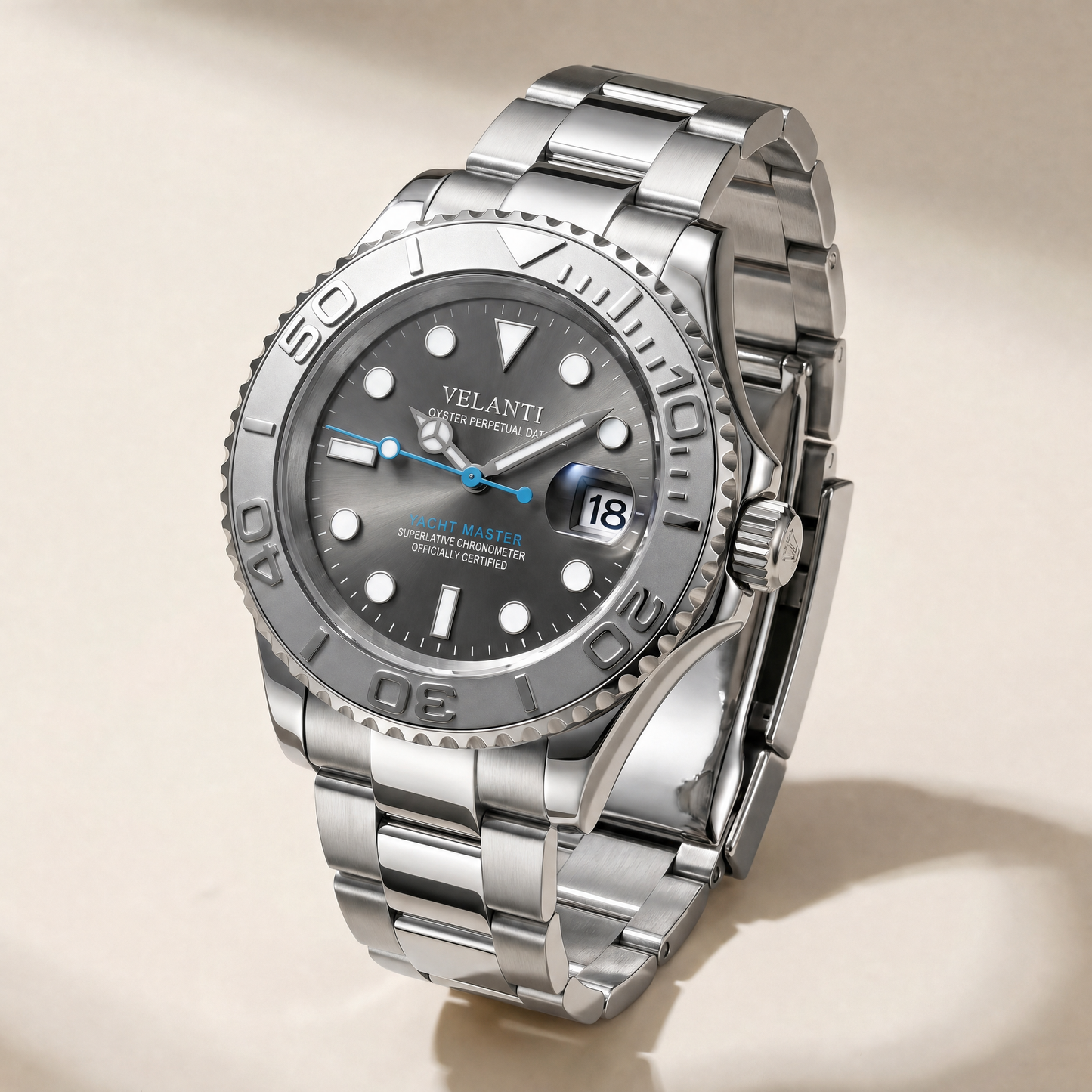 Submariner-style custom automatic watch, Velanti Milano Velmariner Silver, watch detail photo 12