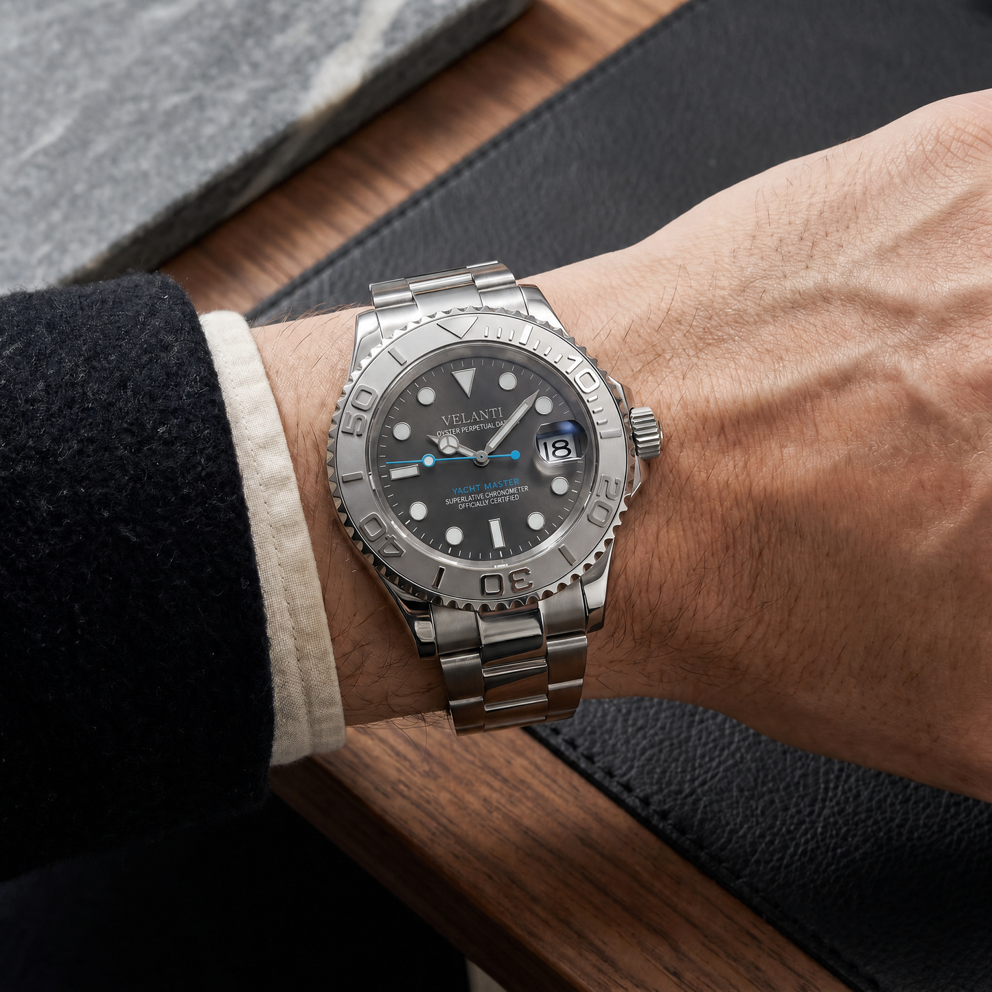 Submariner-style custom mod watch, Velanti Milano Velmariner Silver worn on wrist photo 13