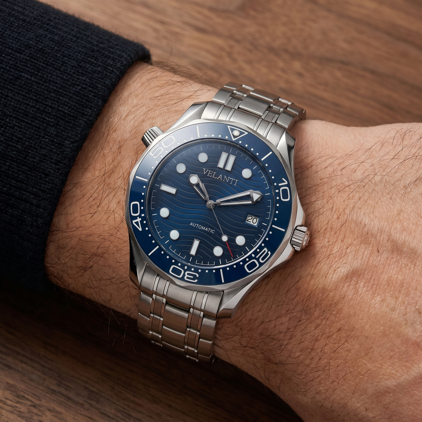 Seamaster-style custom mod watch, Velanti Milano Velmaster Blue worn on wrist photo 6
