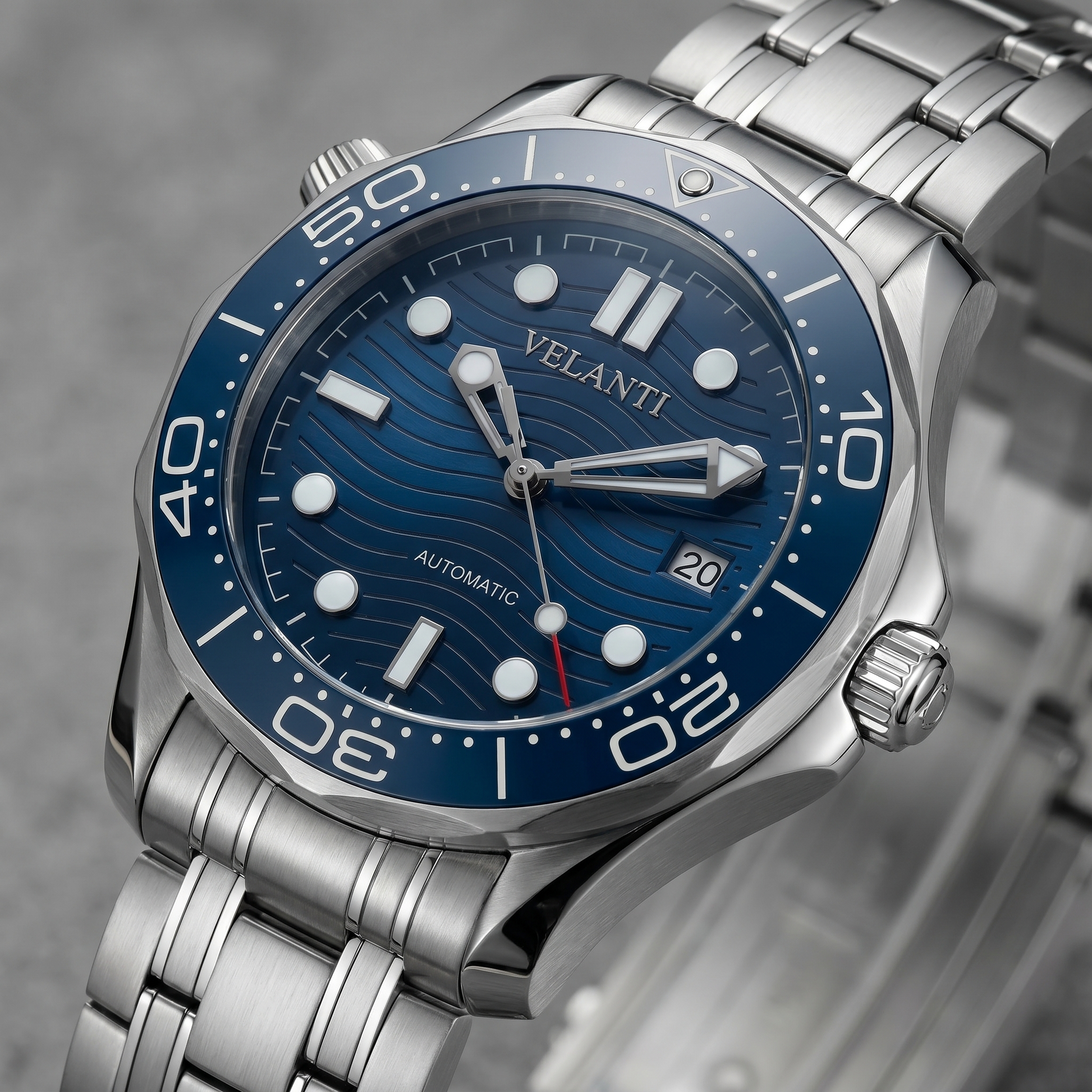 Seamaster-style custom automatic watch, Velanti Milano Velmaster Blue, watch detail photo 9