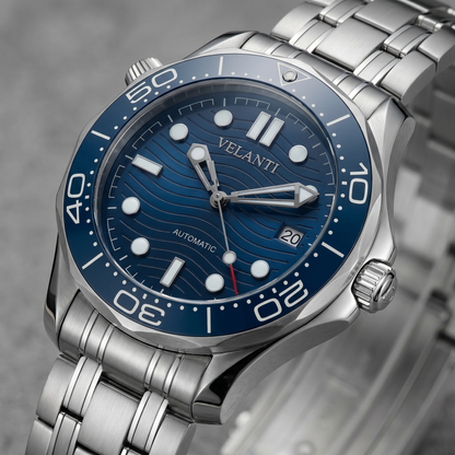 Seamaster-style custom automatic watch, Velanti Milano Velmaster Blue, watch detail photo 9