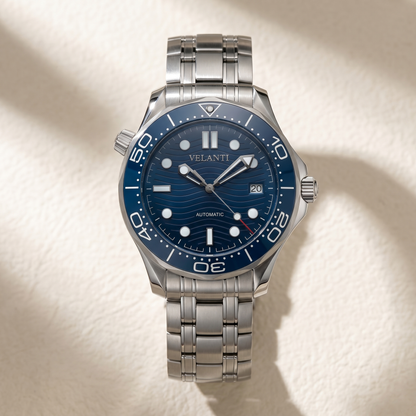 Seamaster-style custom automatic watch, Velanti Milano Velmaster Blue, watch detail photo 10