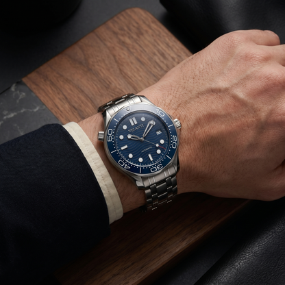 Seamaster-style custom mod watch, Velanti Milano Velmaster Blue worn on wrist photo 11