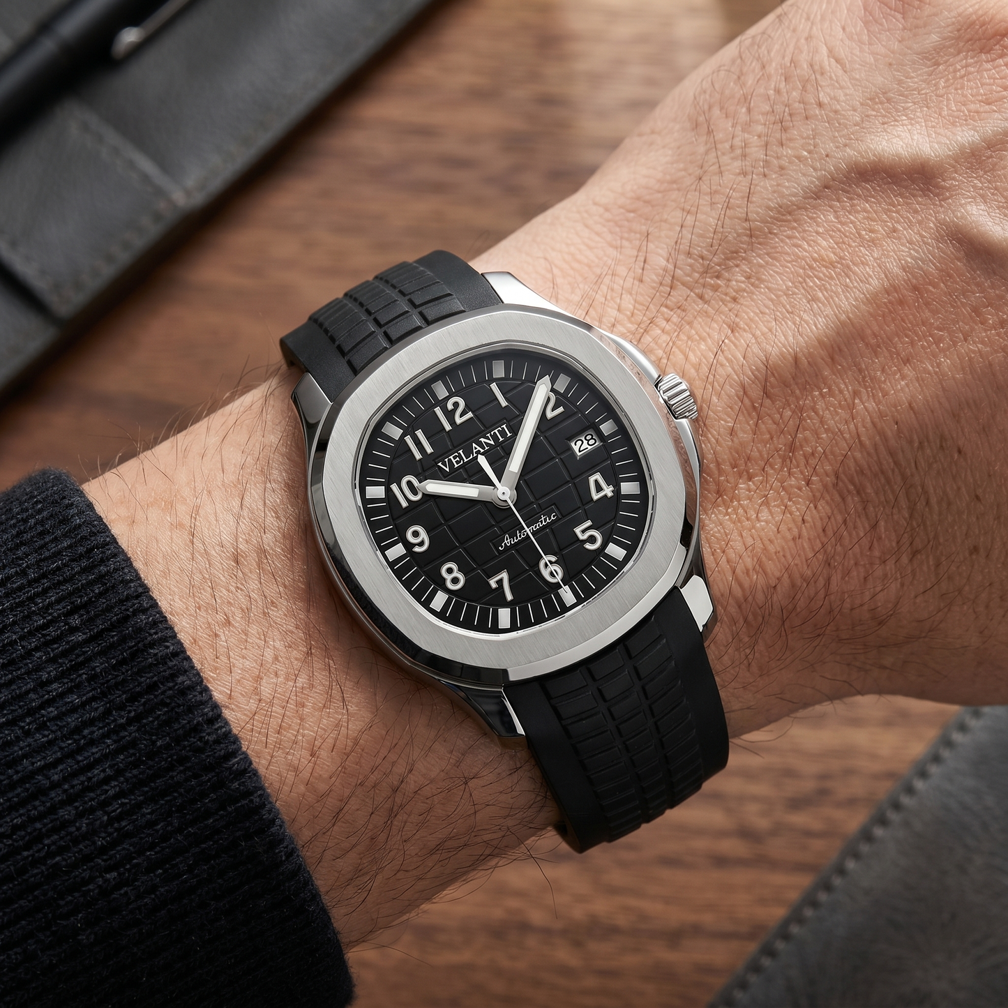 Aquanaut-style custom mod watch, Velanti Milano Velnaut Black worn on wrist photo 5
