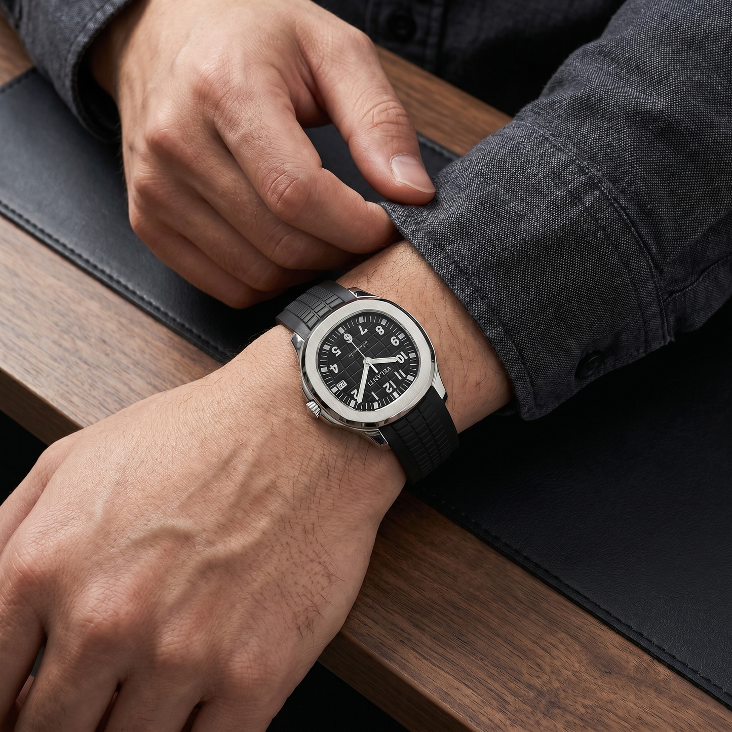 Aquanaut-style custom mod watch, Velanti Milano Velnaut Black worn on wrist photo 9
