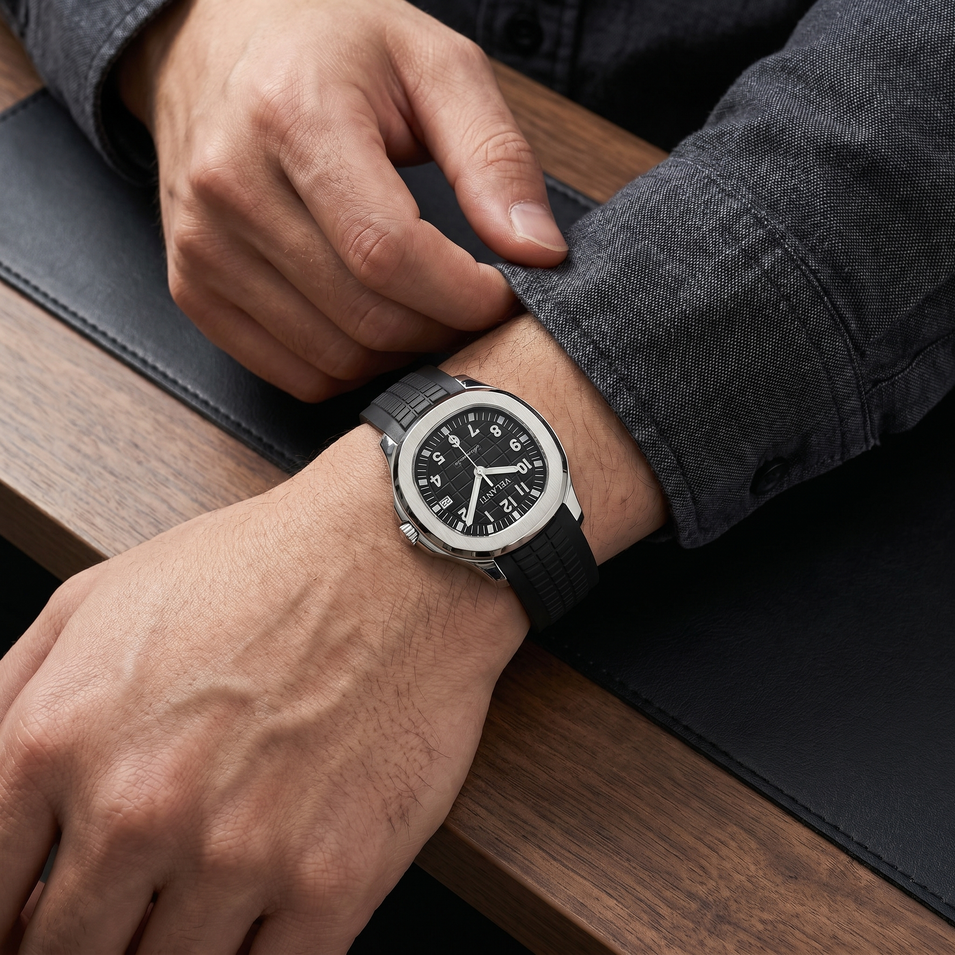 Aquanaut-style custom mod watch, Velanti Milano Velnaut Black worn on wrist photo 9