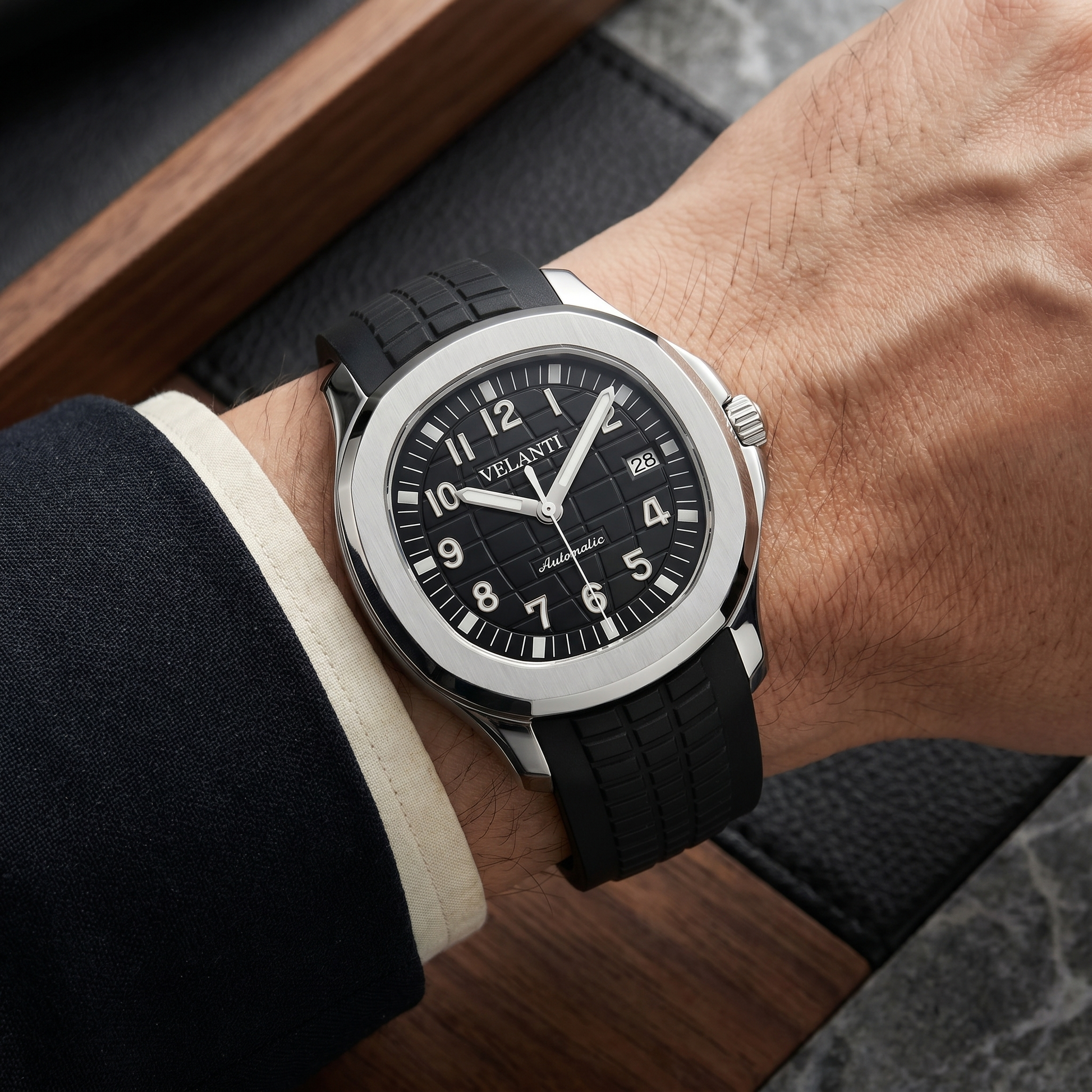 Aquanaut-style custom mod watch, Velanti Milano Velnaut Black worn on wrist photo 10