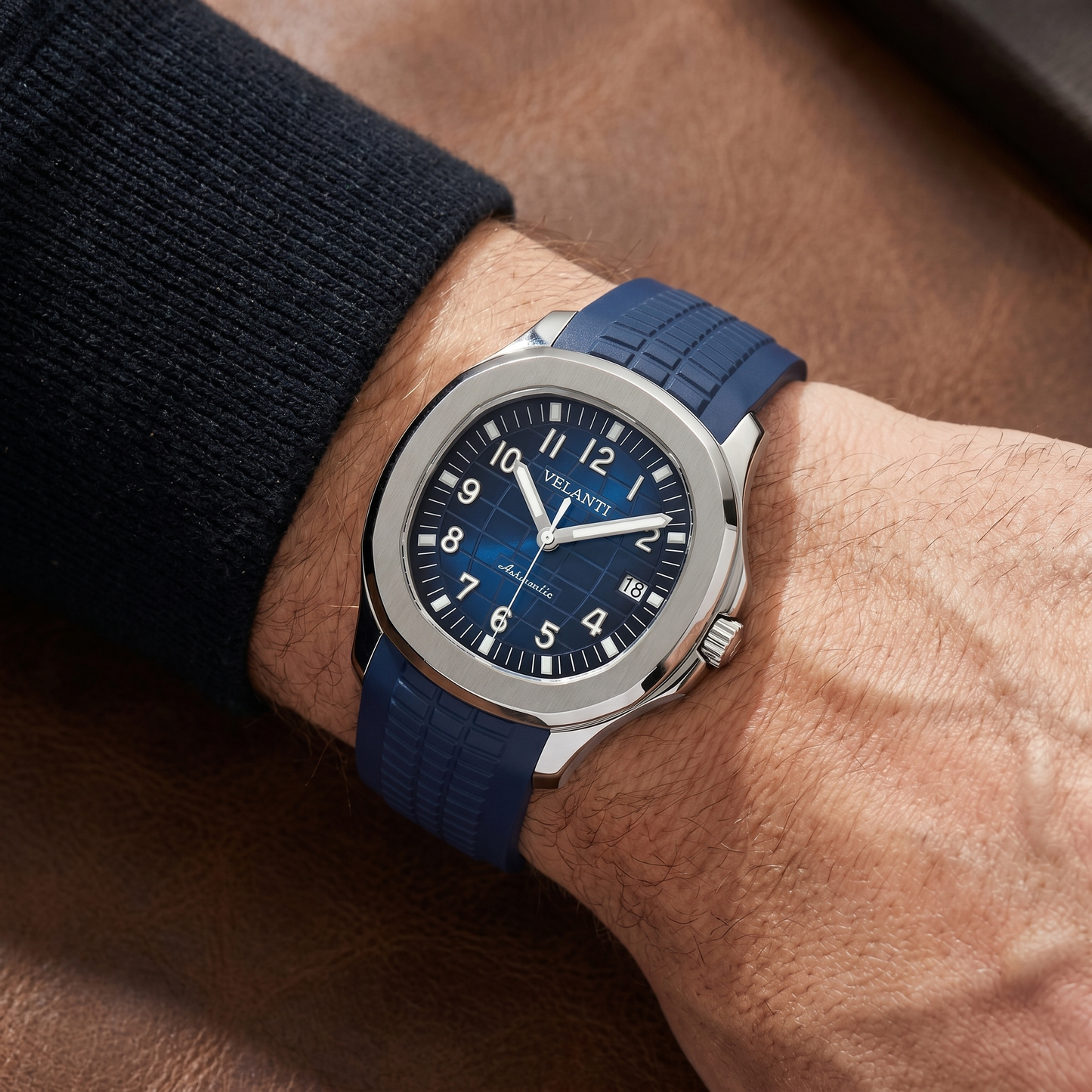 Aquanaut-style custom mod watch, Velanti Milano Velnaut Blue worn on wrist photo 4
