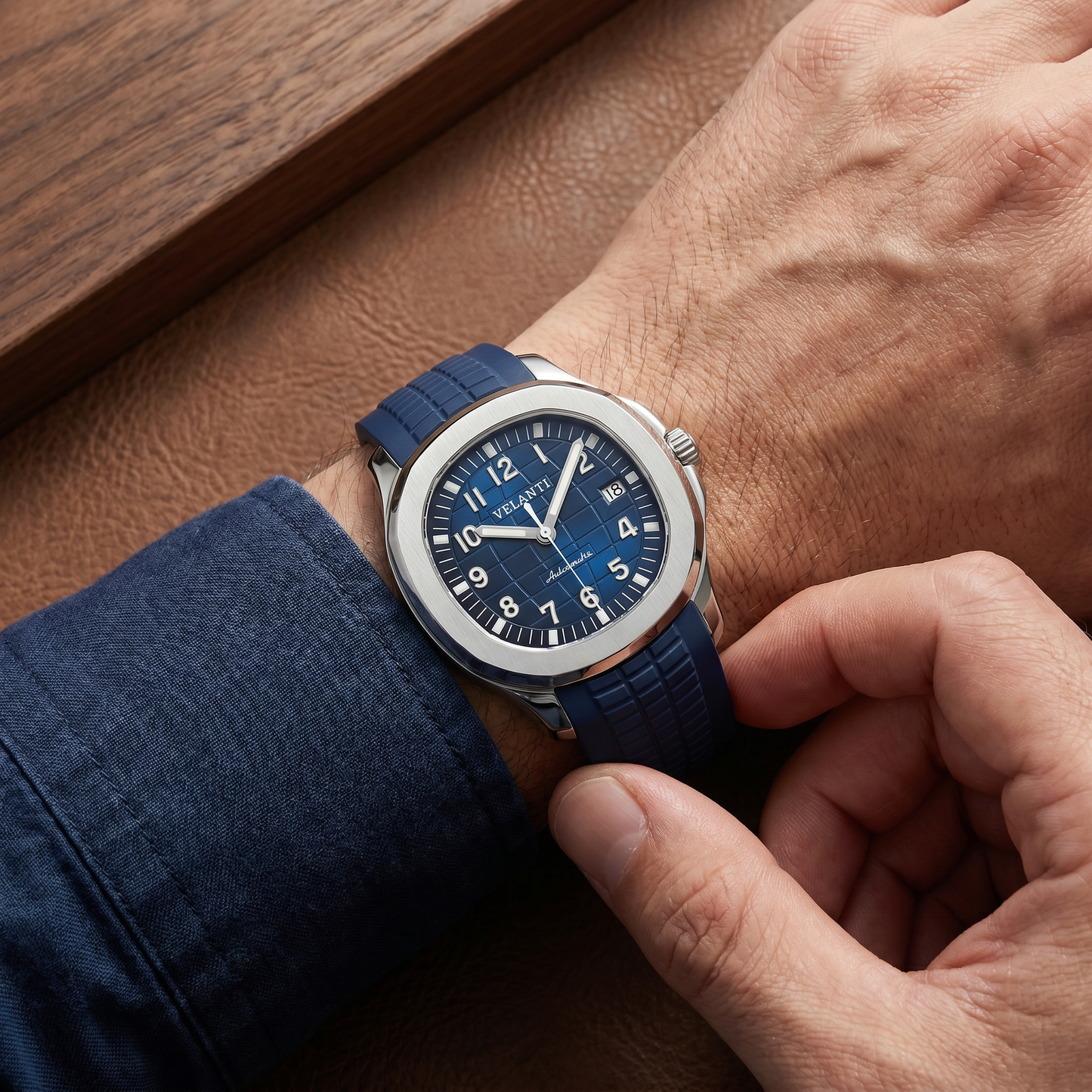 Aquanaut-style custom mod watch, Velanti Milano Velnaut Blue worn on wrist photo 8