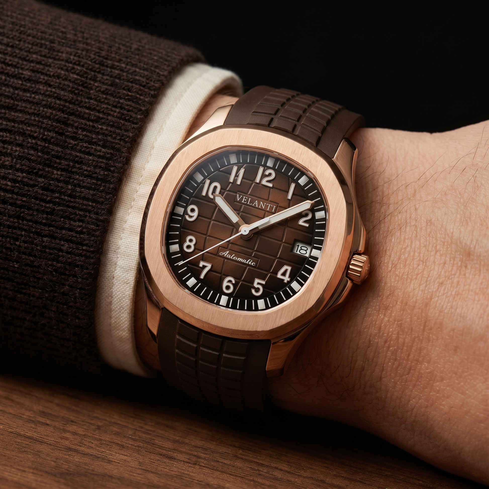 Aquanaut-style custom mod watch, Velanti Milano Velnaut Brown (Rose Gold), product photo 6