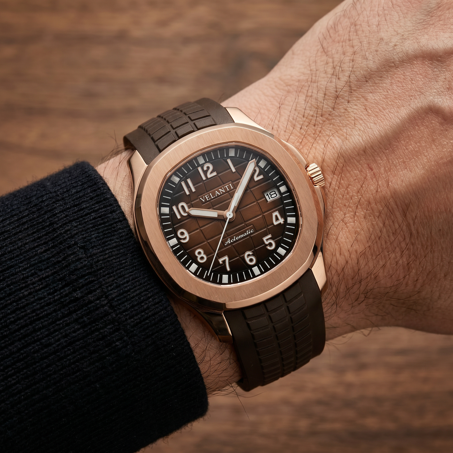 Aquanaut-style custom mod watch, Velanti Milano Velnaut Brown (Rose Gold) worn on wrist photo 7