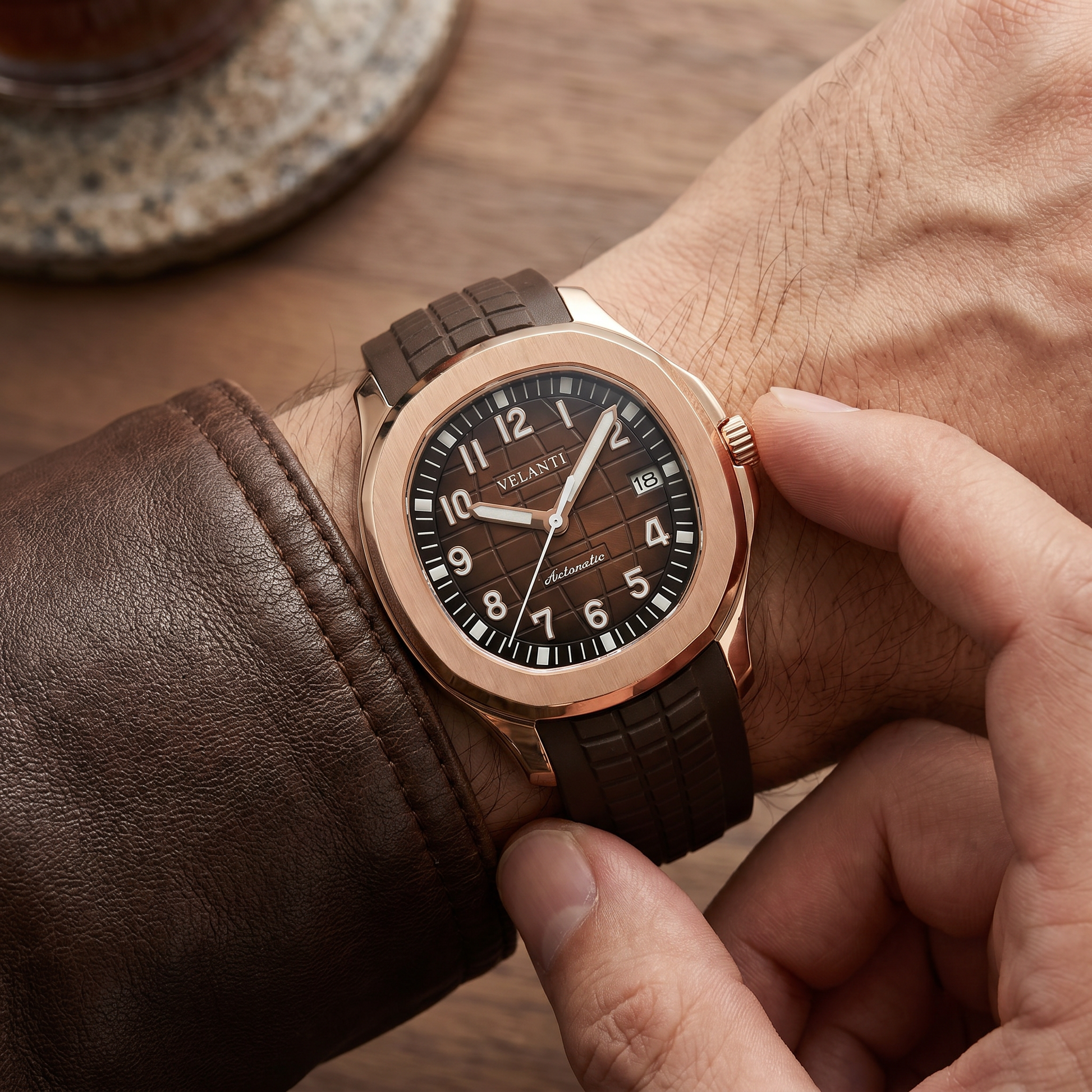 Aquanaut-style custom mod watch, Velanti Milano Velnaut Brown (Rose Gold) worn on wrist photo 10