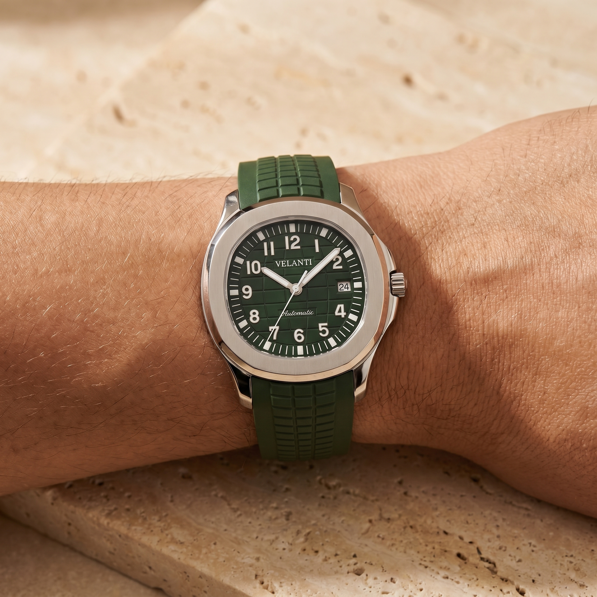 Aquanaut-style custom mod watch, Velanti Milano Velnaut Green worn on wrist photo 3