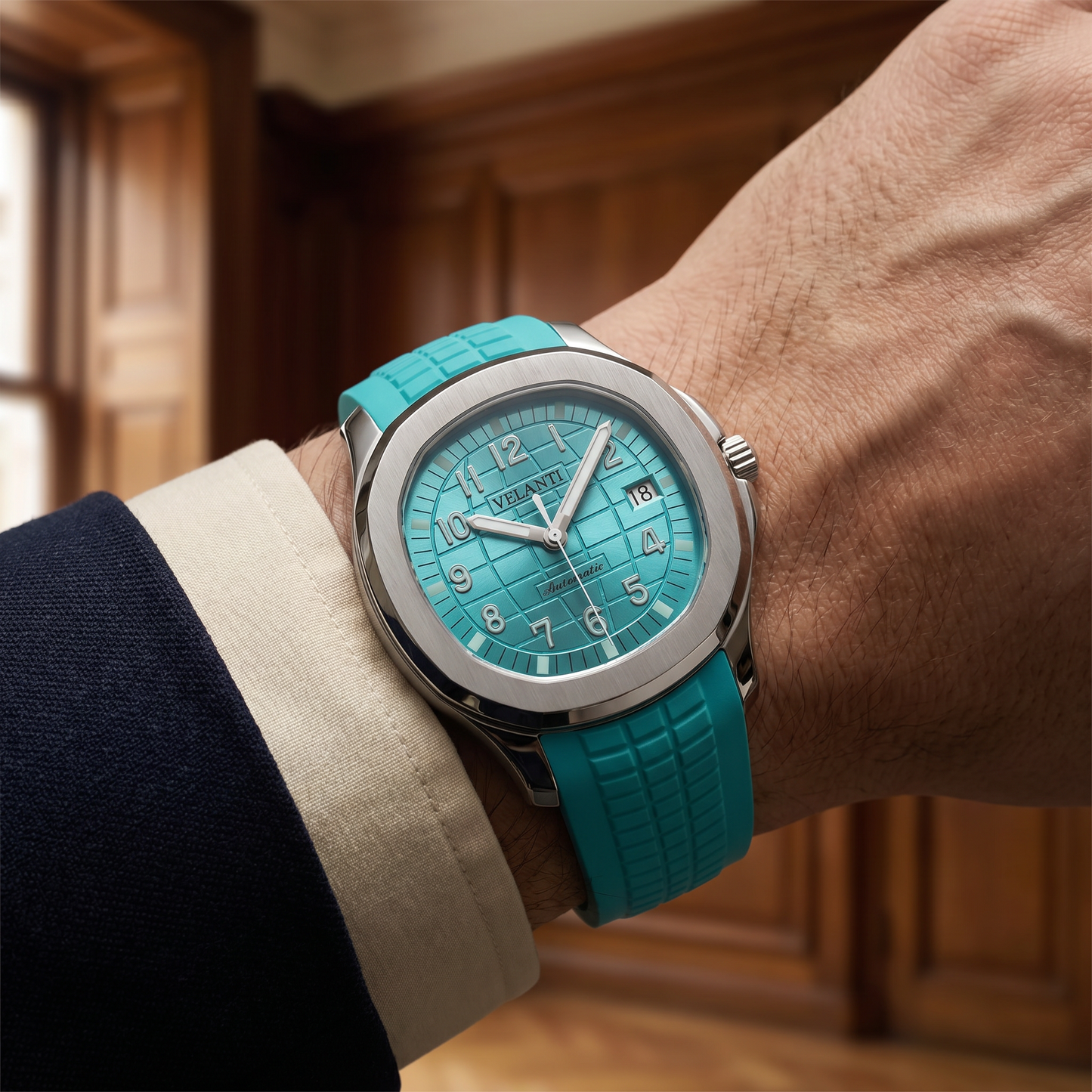 Aquanaut-style custom mod watch, Velanti Milano Velnaut Tiffany Metallic Blue, product photo 6
