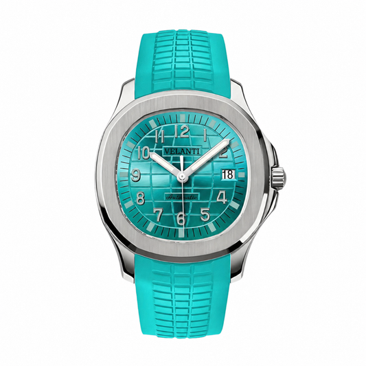 Aquanaut-style custom mod watch, Velanti Milano Velnaut Tiffany Metallic Blue, main product photo
