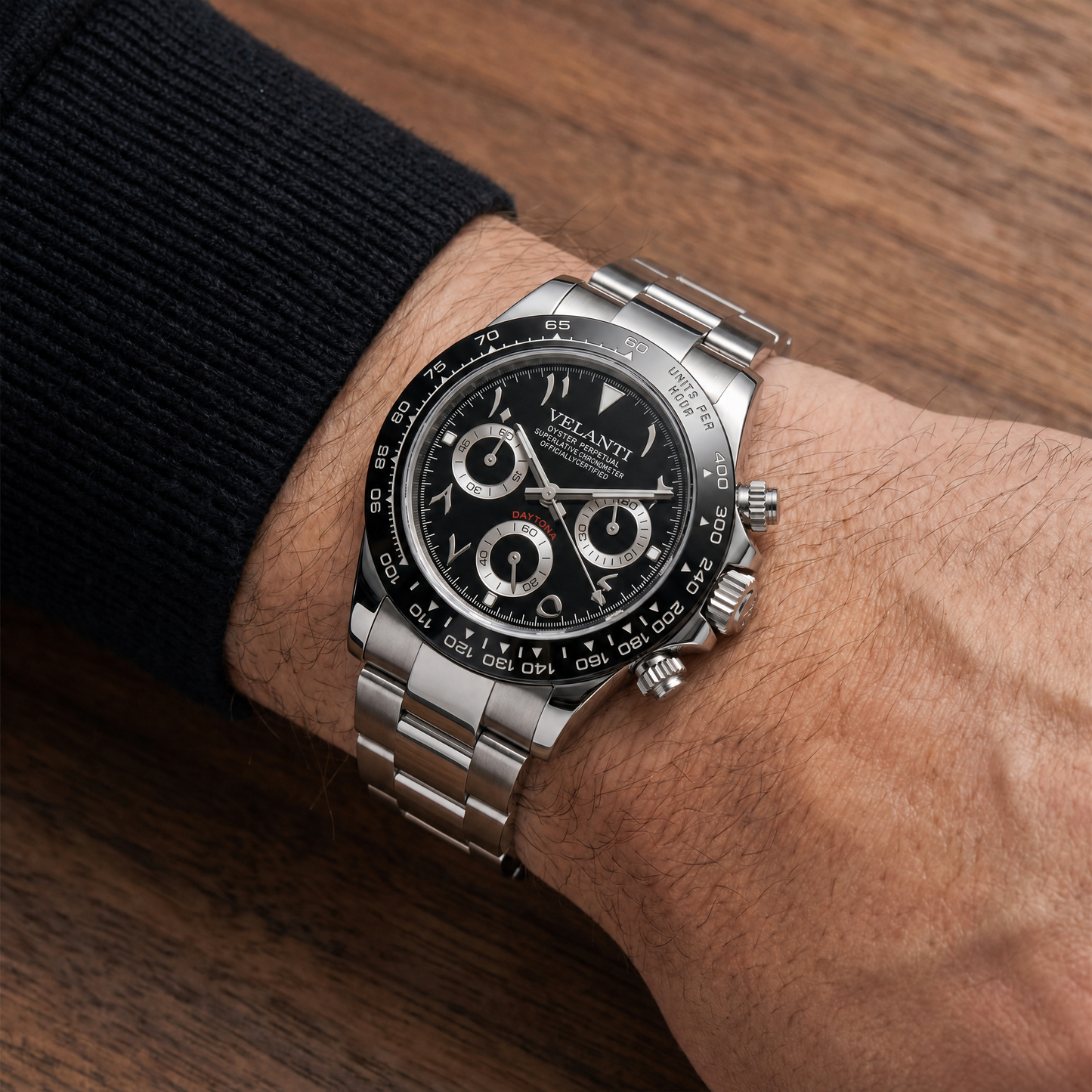 Daytona-style custom chronograph watch, Velanti Milano Veltona Arabic Black worn on wrist