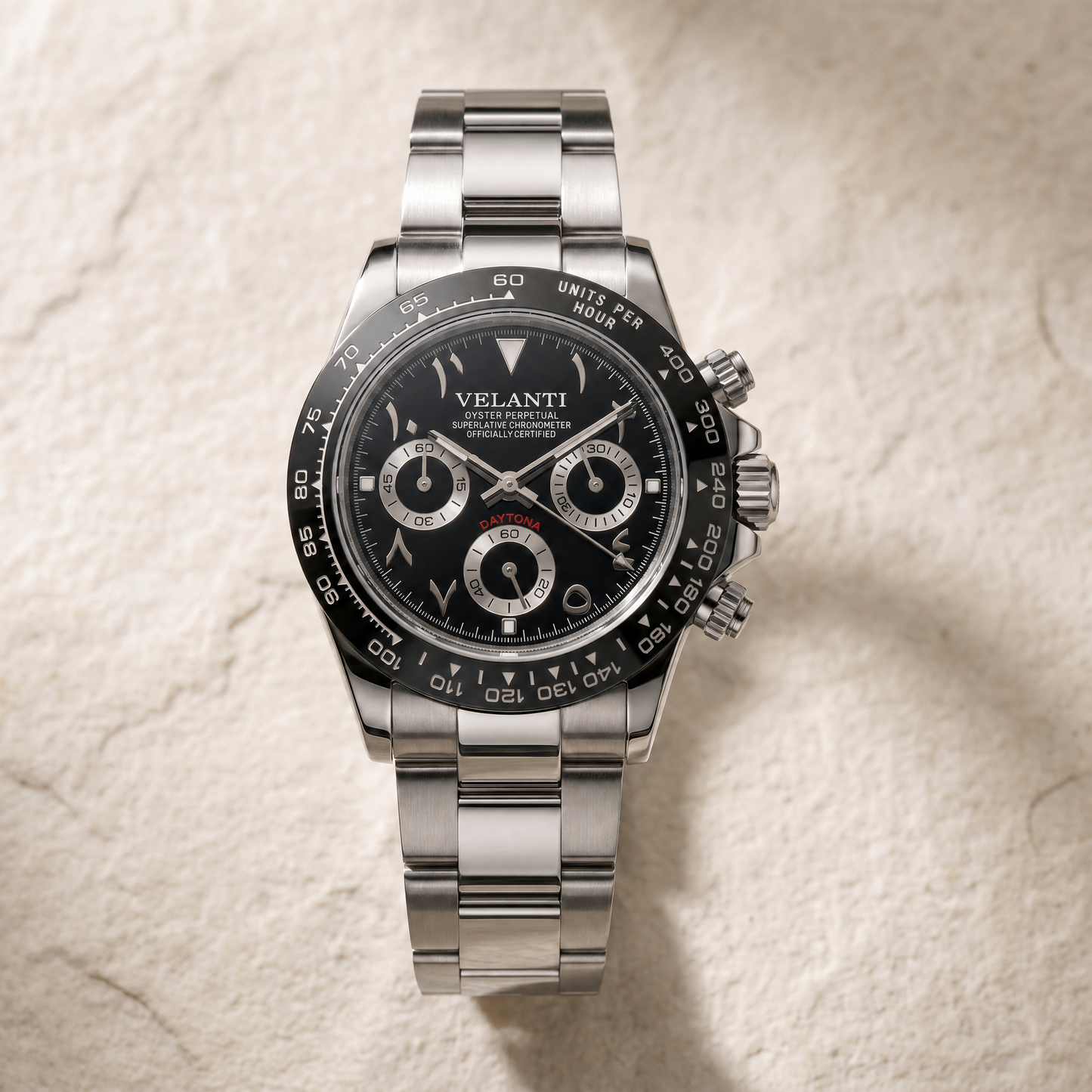 Daytona-style custom chronograph watch, Velanti Milano Veltona Arabic Black, watch detail photo