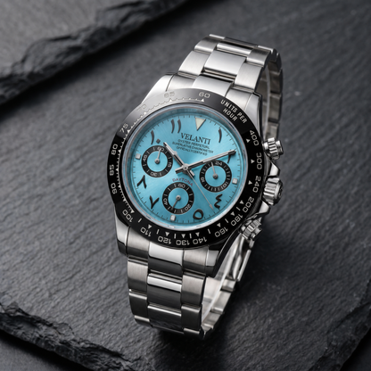 Daytona-style custom chronograph watch, Velanti Milano Veltona Arabic Ice Blue, bracelet detail photo