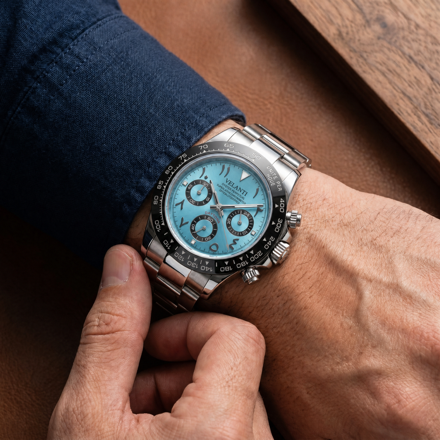 Daytona-style custom chronograph watch, Velanti Milano Veltona Arabic Ice Blue worn on wrist photo 9