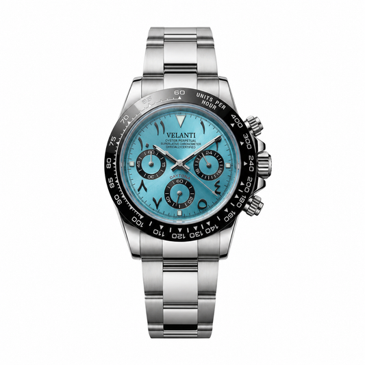 Daytona-style custom chronograph watch, Velanti Milano Veltona Arabic Ice Blue, main product photo