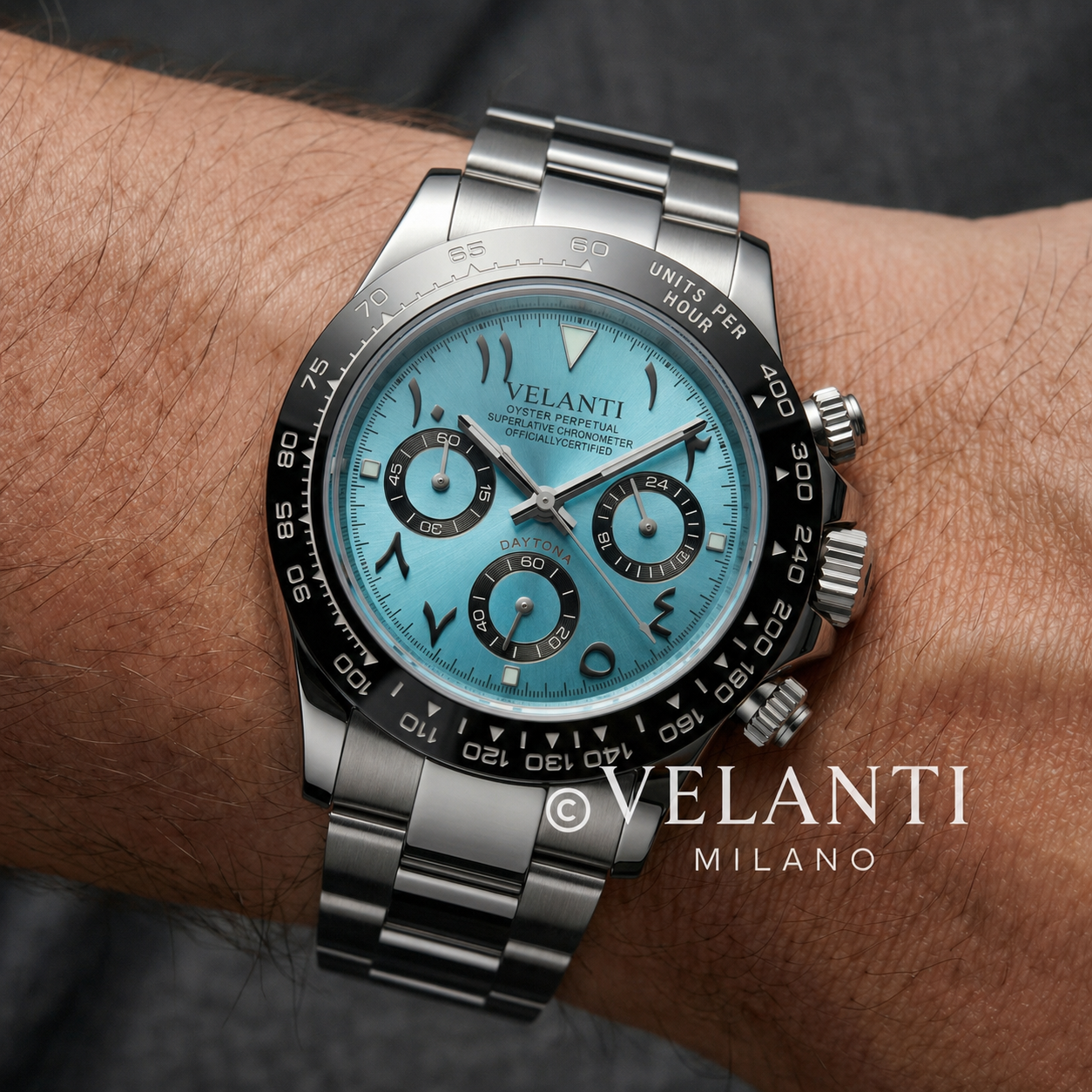 Daytona-style custom chronograph watch, Velanti Milano Veltona Arabic Ice Blue, product photo 2