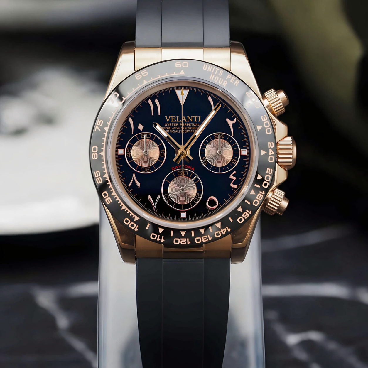 Daytona-style custom chronograph watch, Velanti Milano Veltona Arabic Rose Gold, product photo 7