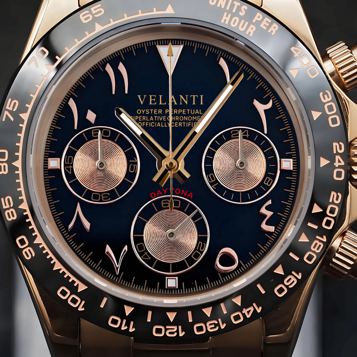Daytona-style custom chronograph watch, Velanti Milano Veltona Arabic Rose Gold, product photo 5