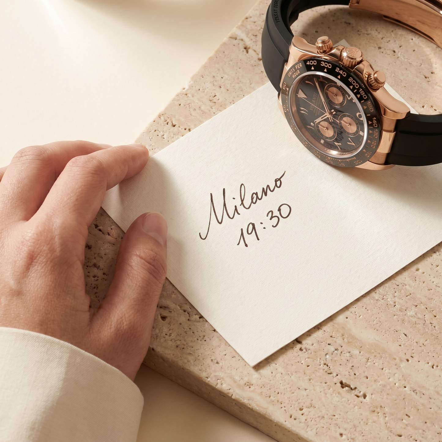 Daytona-style custom chronograph watch, Velanti Milano Veltona Arabic Rose Gold, product photo 2