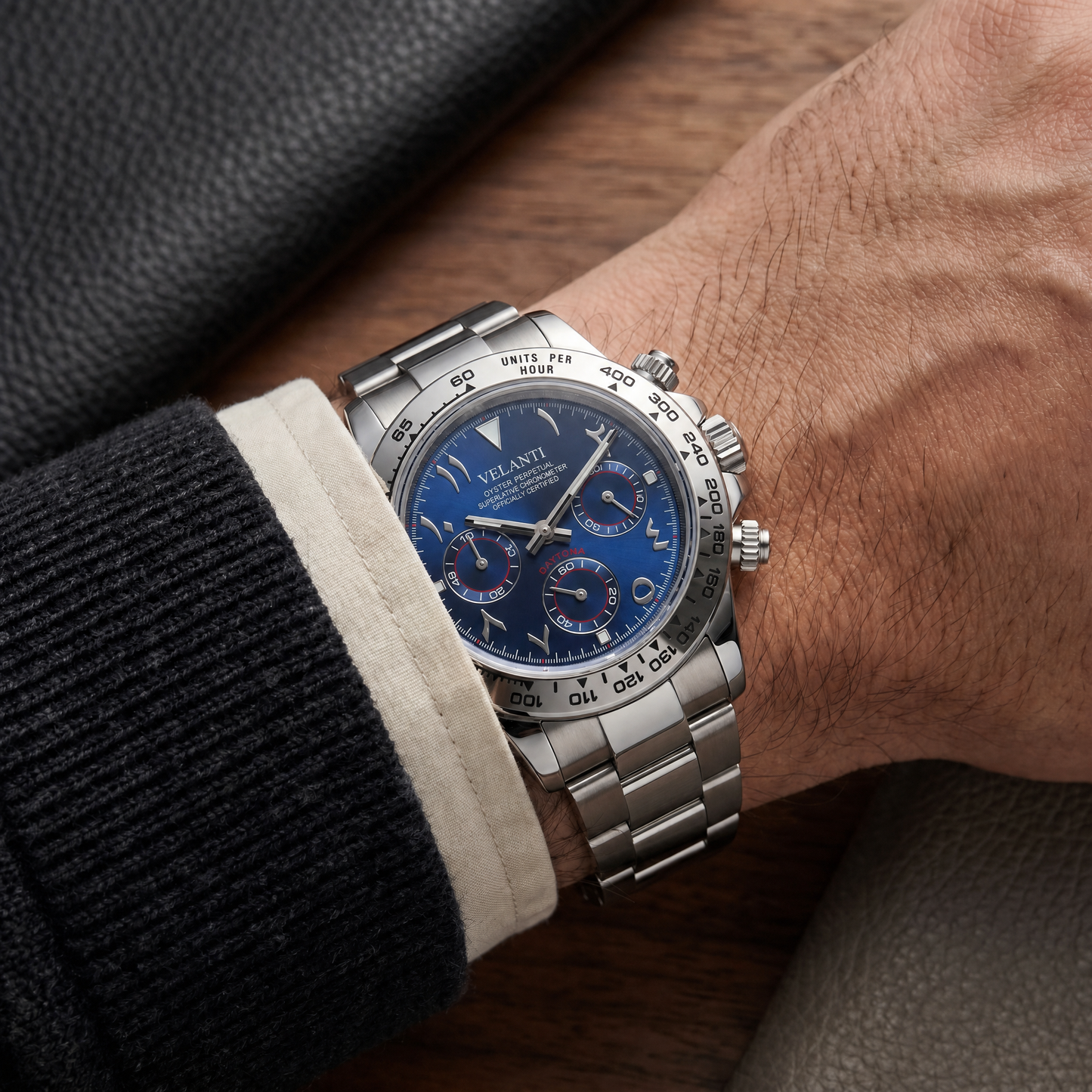 Daytona-style custom chronograph watch, Velanti Milano Veltona Arabic Royal Blue, product photo 6