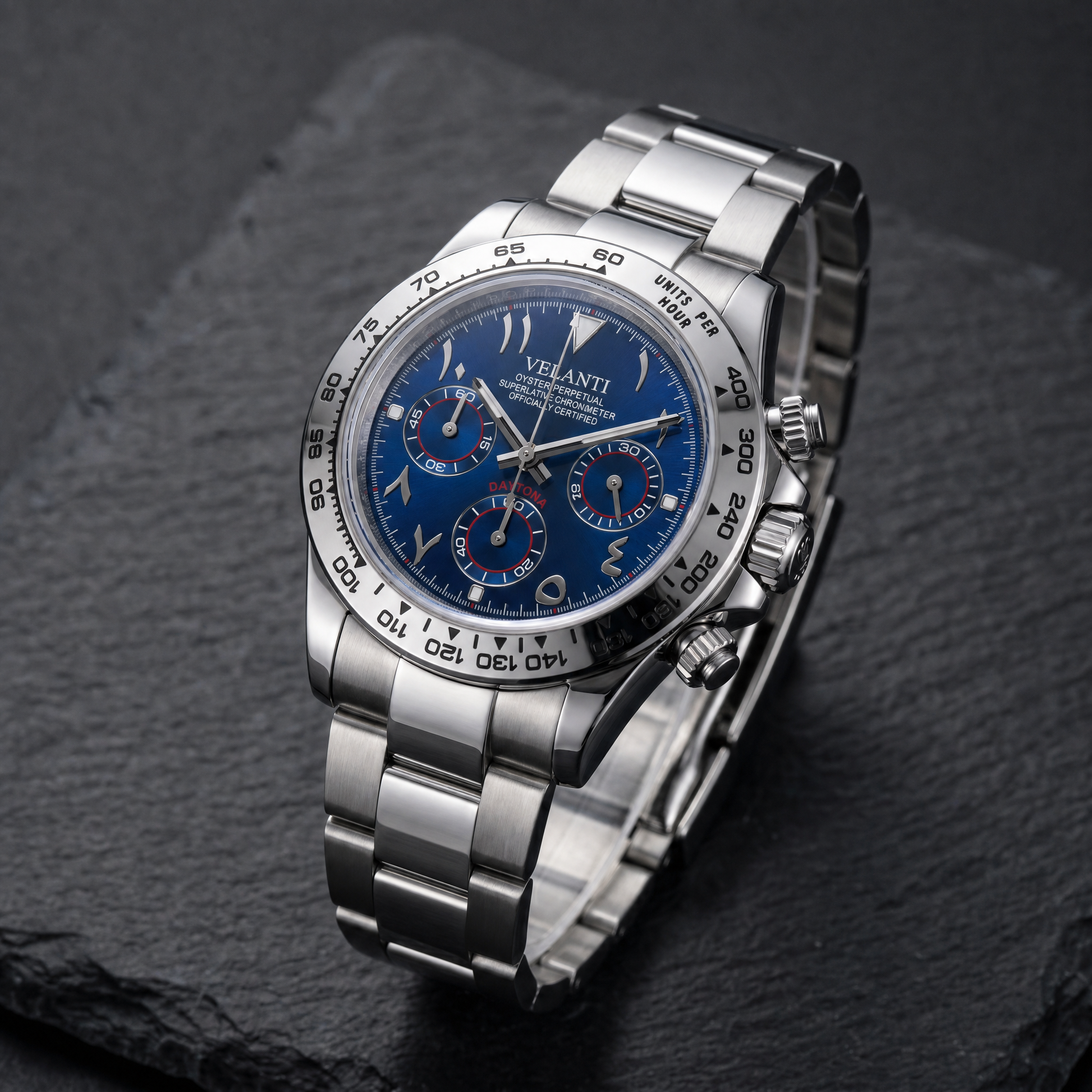Daytona-style custom chronograph watch, Velanti Milano Veltona Arabic Royal Blue, bracelet detail photo
