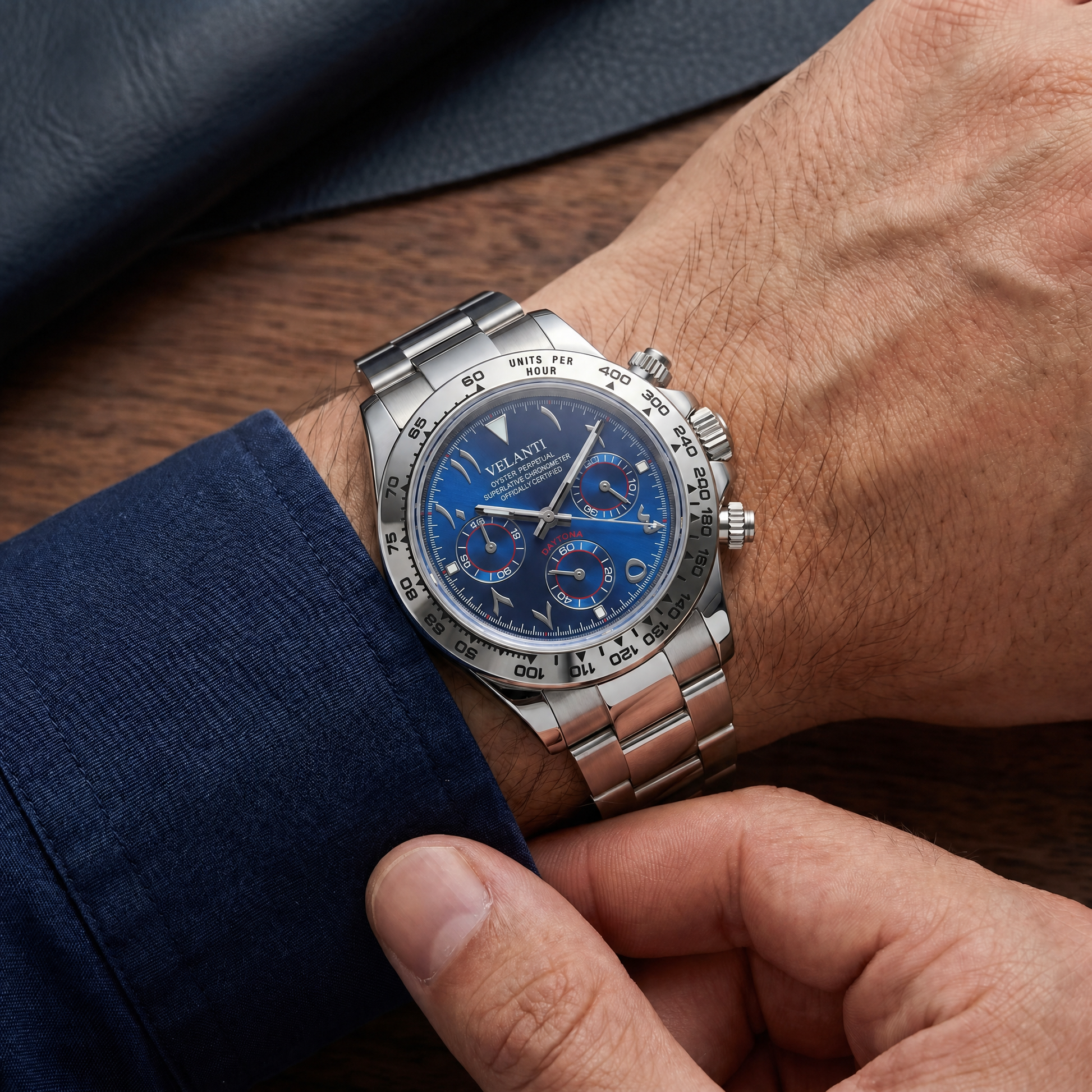 Daytona-style custom chronograph watch, Velanti Milano Veltona Arabic Royal Blue worn on wrist