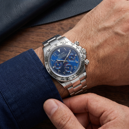 Daytona-style custom chronograph watch, Velanti Milano Veltona Arabic Royal Blue worn on wrist