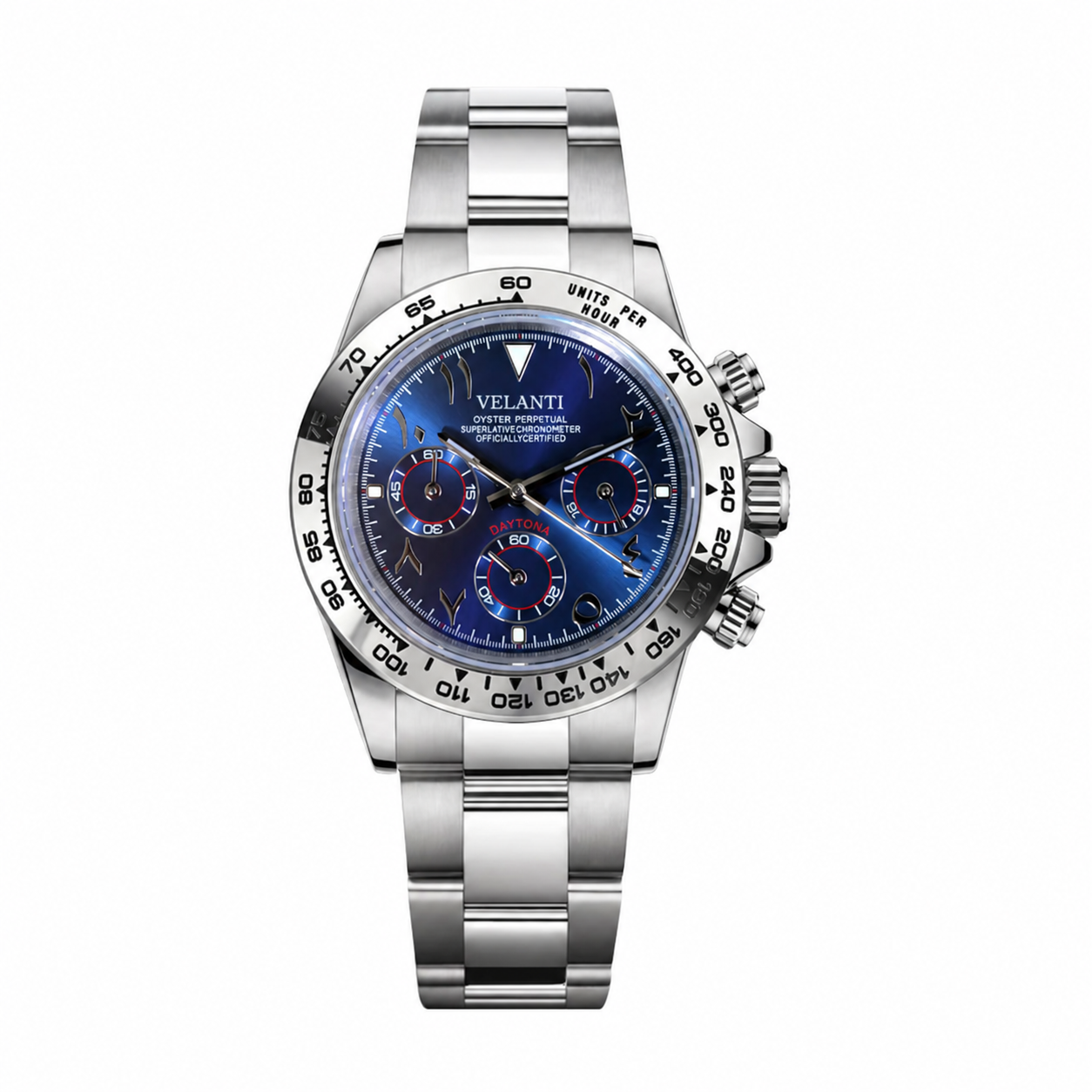 Daytona-style custom chronograph watch, Velanti Milano Veltona Arabic Royal Blue, main product photo