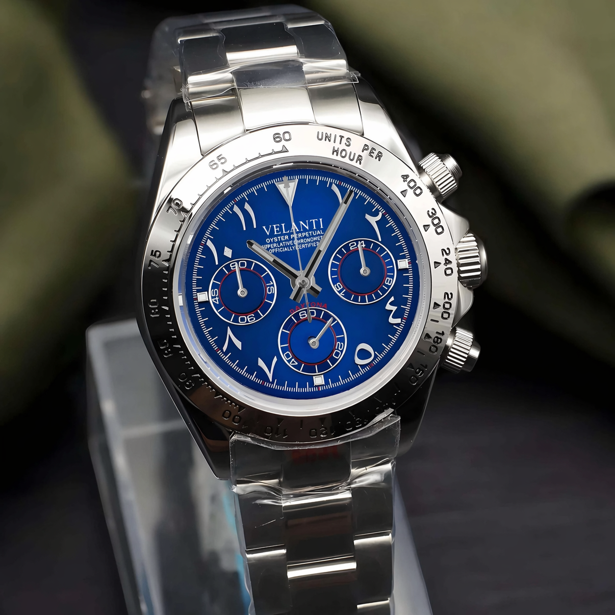 Daytona-style custom chronograph watch, Velanti Milano Veltona Arabic Royal Blue, product photo 2