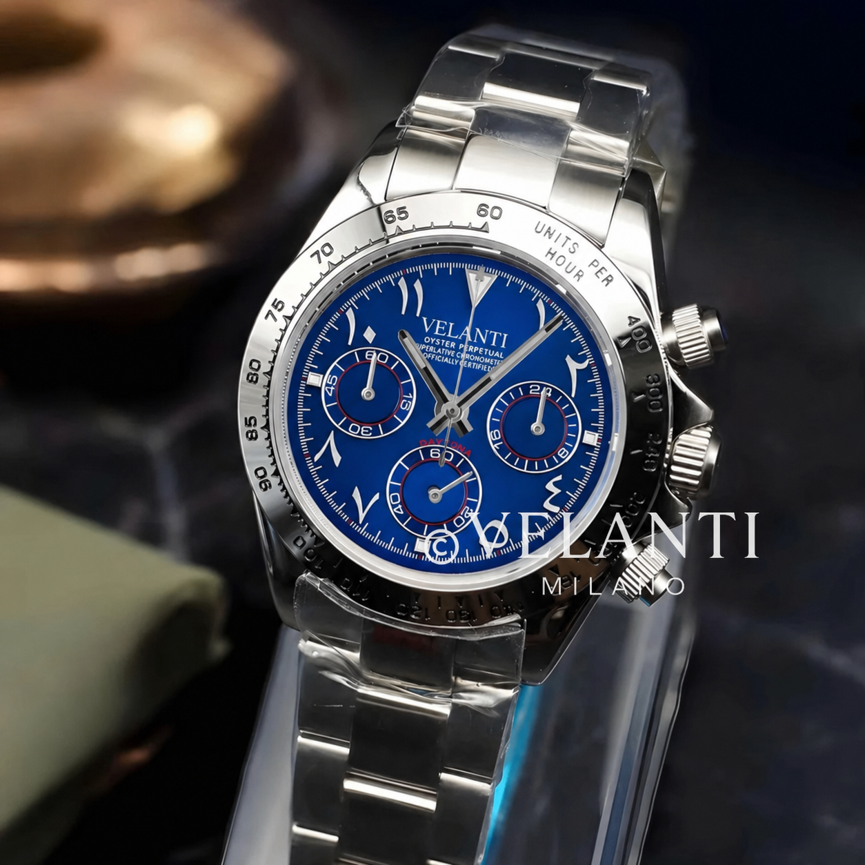 Daytona-style custom chronograph watch, Velanti Milano Veltona Arabic Royal Blue, product photo 5