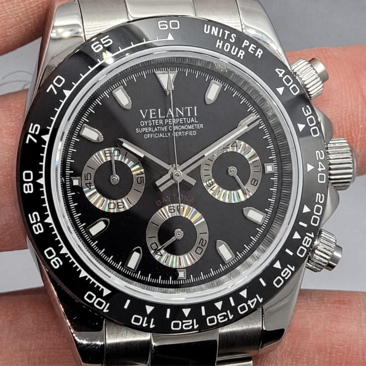 Daytona-style custom chronograph watch, Velanti Milano Veltona Black Panda, product photo 6