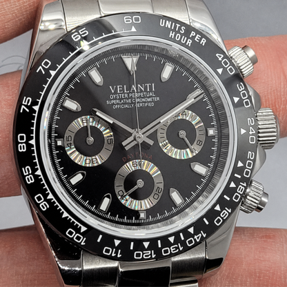 Daytona-style custom chronograph watch, Velanti Milano Veltona Black Panda, product photo 6