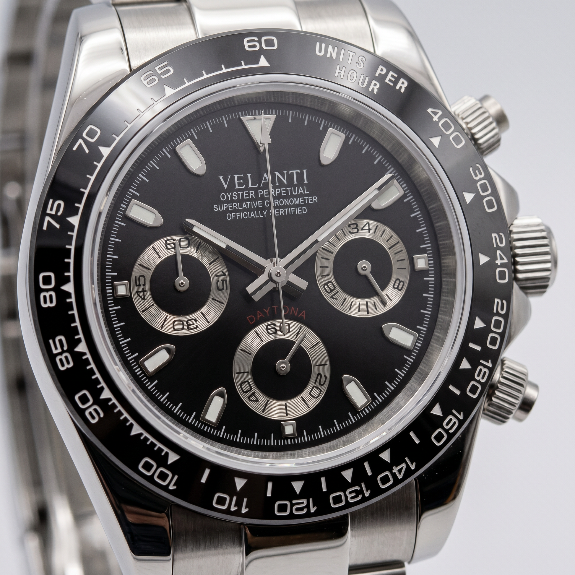 Daytona-style custom chronograph watch, Velanti Milano Veltona Black Panda, product photo 3