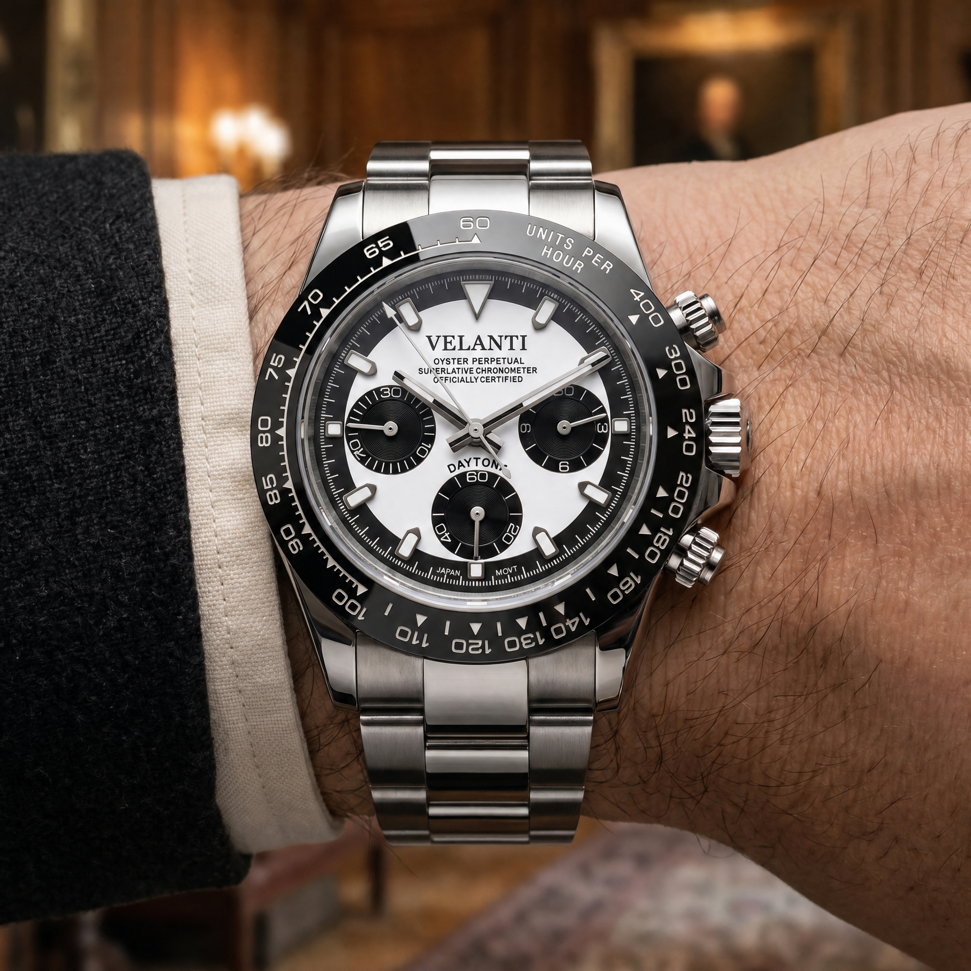 Daytona-style custom chronograph watch, Velanti Milano Veltona Black White, product photo 2
