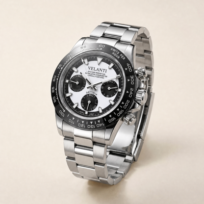 Daytona-style custom chronograph watch, Velanti Milano Veltona Black White, watch detail photo