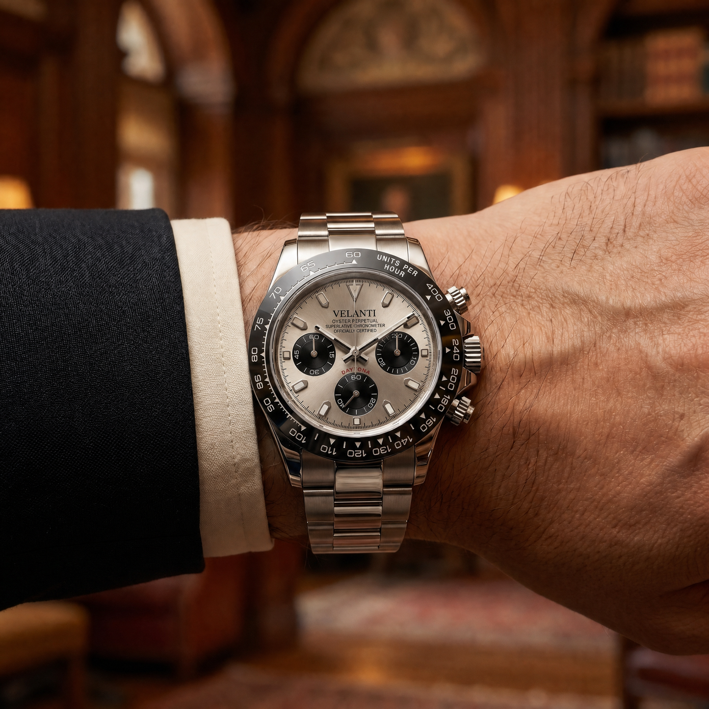 Daytona-style custom chronograph watch, Velanti Milano Veltona Champagne, product photo 7