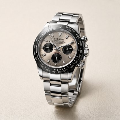 Daytona-style custom chronograph watch, Velanti Milano Veltona Champagne, watch detail photo