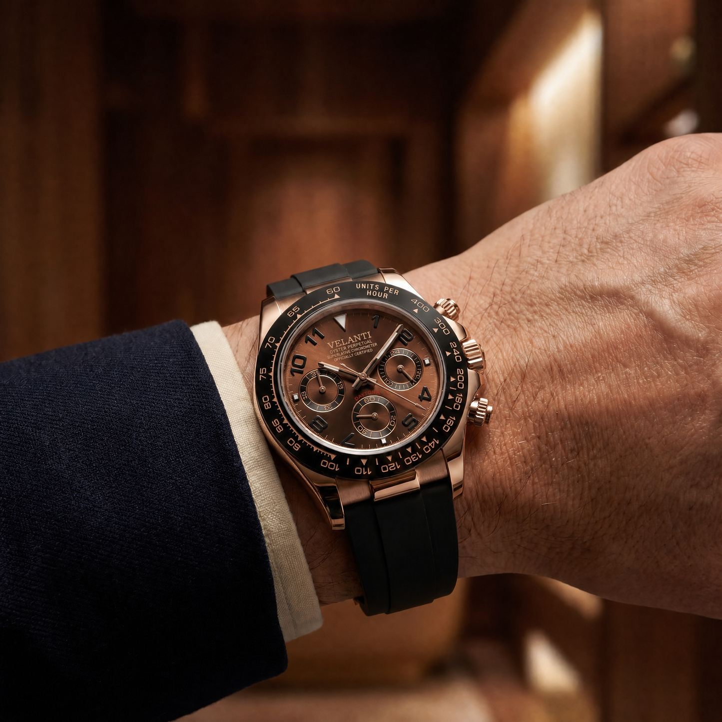 Daytona-style custom chronograph watch, Velanti Milano Veltona Chocolate, product photo 6