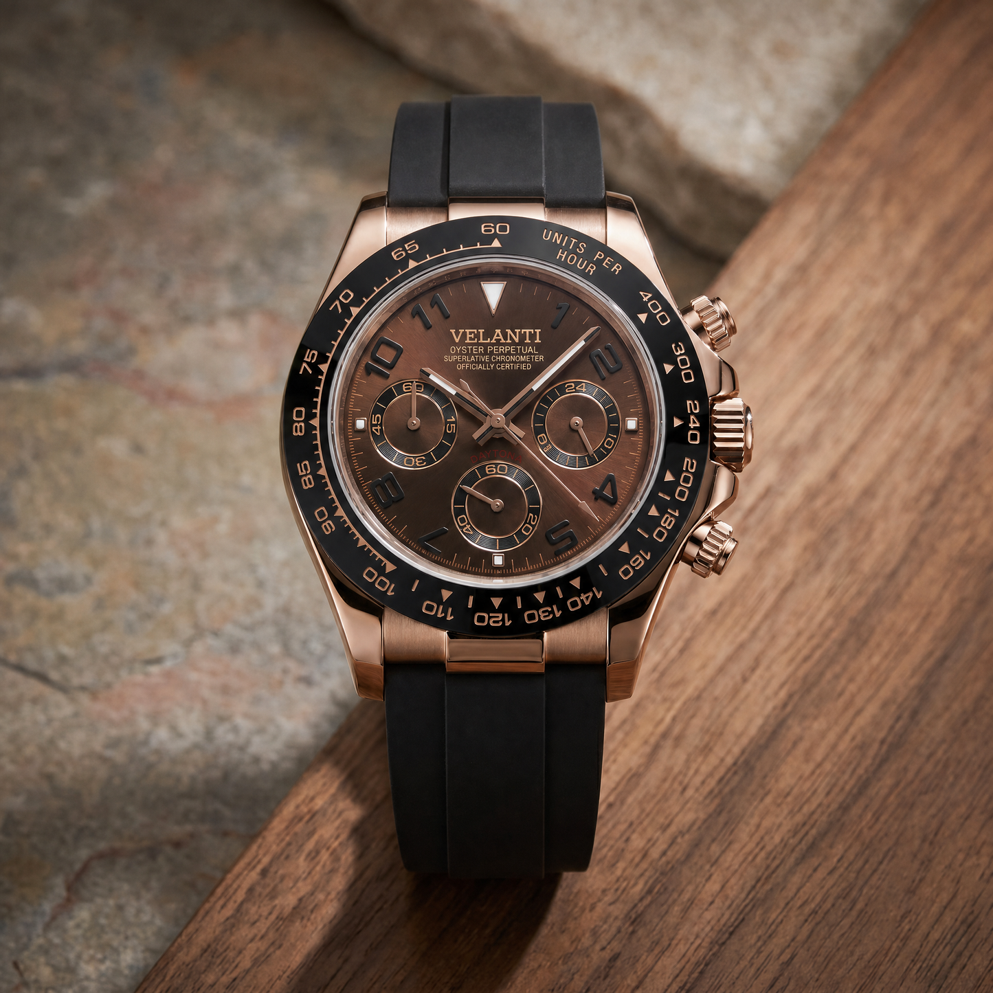 Daytona-style custom chronograph watch, Velanti Milano Veltona Chocolate, watch detail photo 8