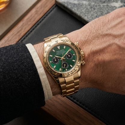 Daytona-style custom chronograph watch, Velanti Milano Veltona Gold Green worn on wrist