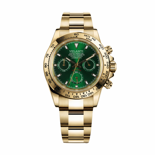 Daytona-style custom chronograph watch, Velanti Milano Veltona Gold Green, main product photo