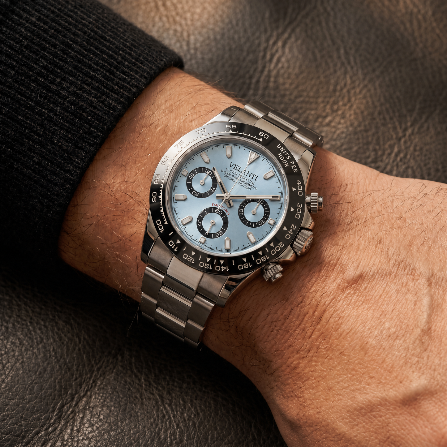 Daytona-style custom chronograph watch, Velanti Milano Veltona Ice Blue worn on wrist