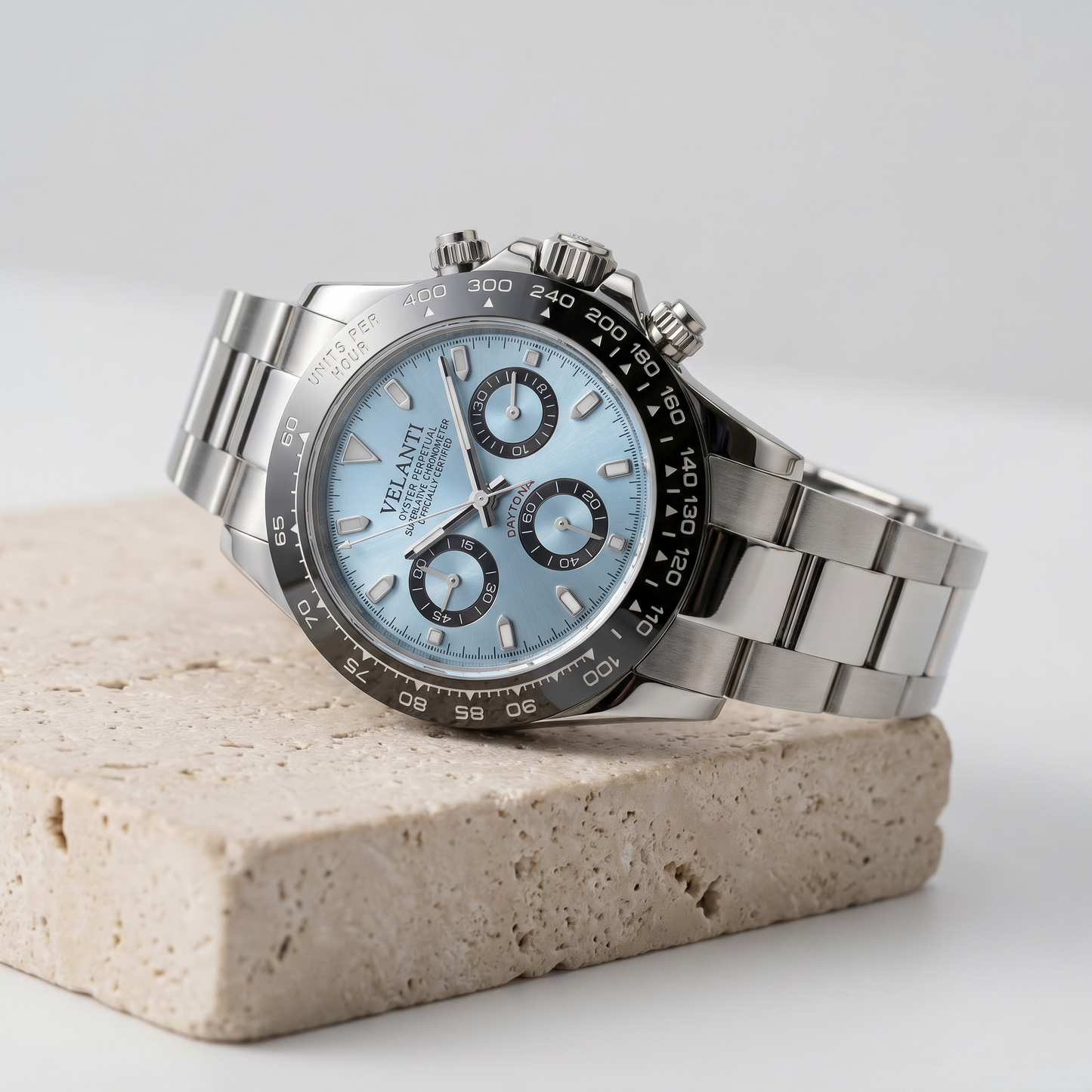 Daytona-style custom chronograph watch, Velanti Milano Veltona Ice Blue, product photo 2