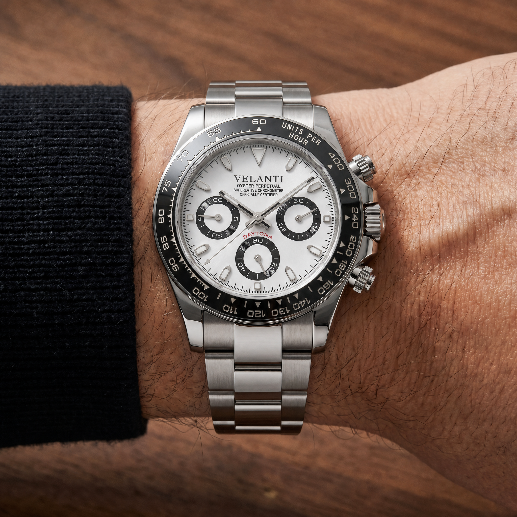 Daytona-style chronograph watch, Velanti Milano Veltona Panda worn on wrist