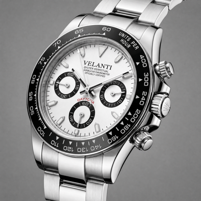 Daytona-style custom chronograph watch, Velanti Milano Veltona Panda, watch detail photo